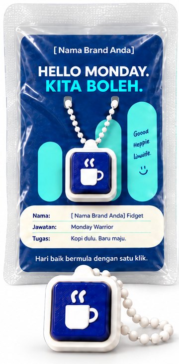 Contoh pek BrandKlik: clicker logo dengan ball chain di atas kad custom, dalam pek bersegel